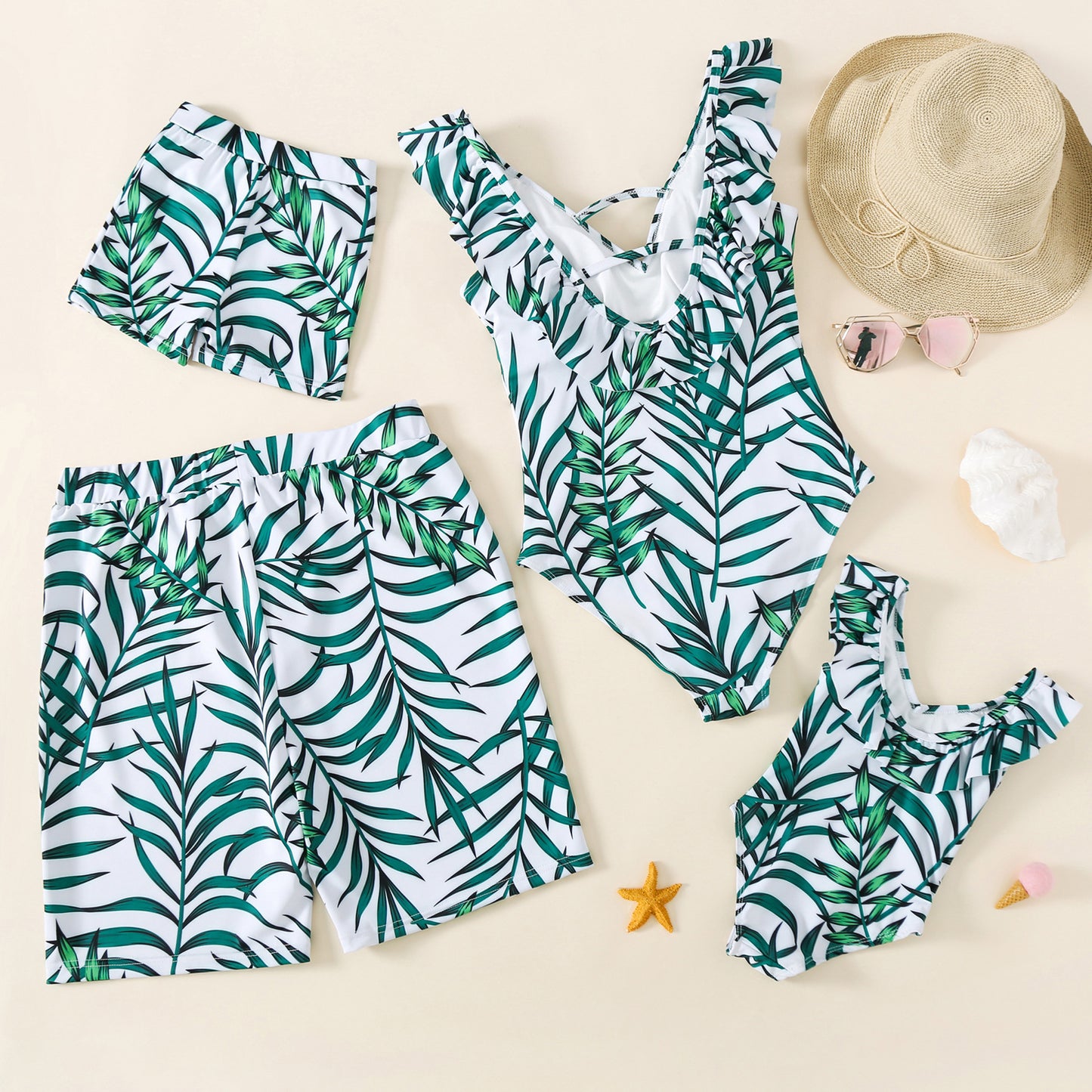 Green V-neck Swimsuit For Mother And Daughter