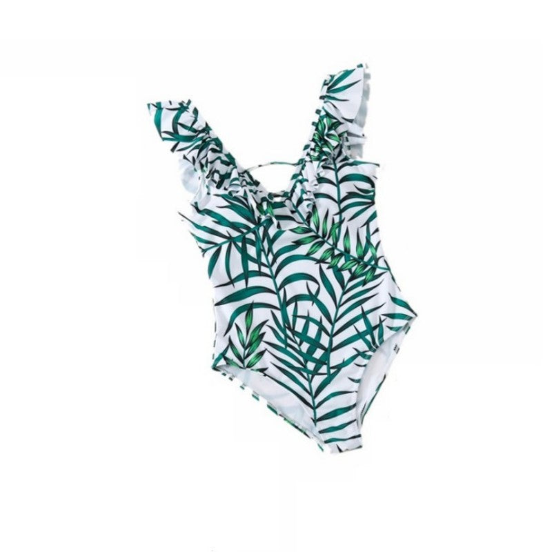 Green V-neck Swimsuit For Mother And Daughter